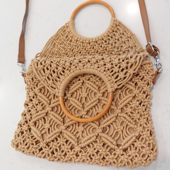 ZIPPER CLOSER TAN MACRAME RING CROSSBODY BOHO BAG - Picture 1 of 13